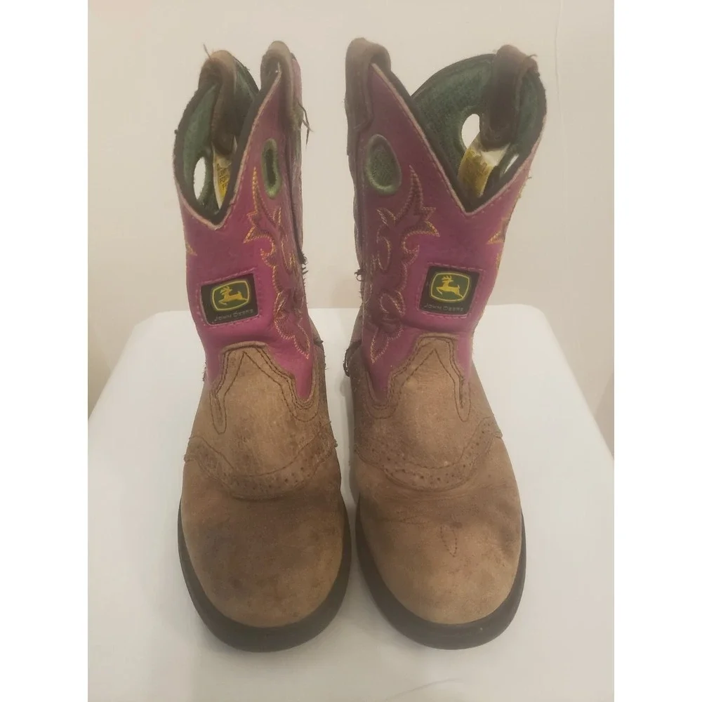 John Deere Childrens Girls Brown Camo Pink Stitching Pull On Boots Sz 2 western‎